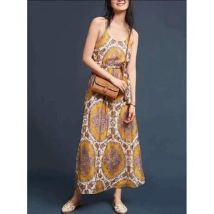 Anthropologie Dress Large Womens Yellow Maxi Halter Neck Gold Chiffon Belt 6153
